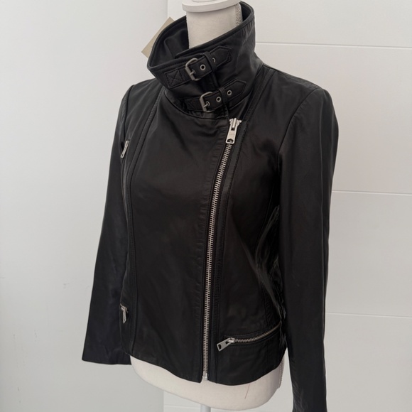 All Saints Black Leather Cropped Bomber High Neck Jacket US 6 - Picture 3 of 11